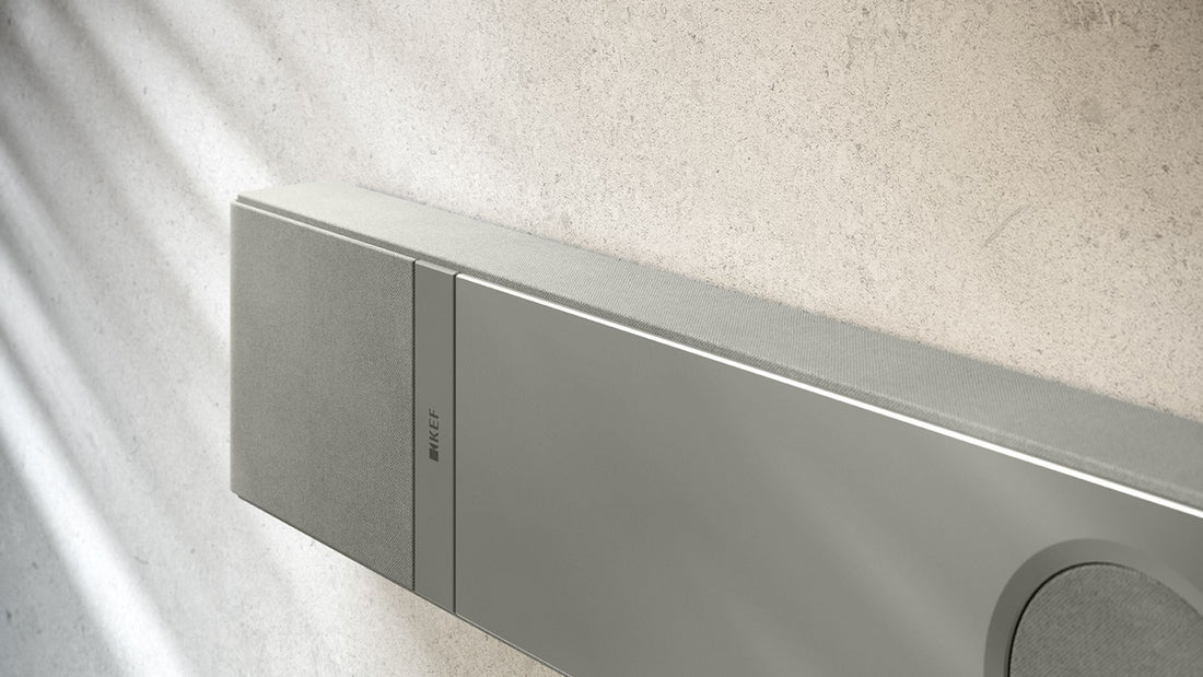 Close up of the KEF XIO Soundbar mounted to a wall