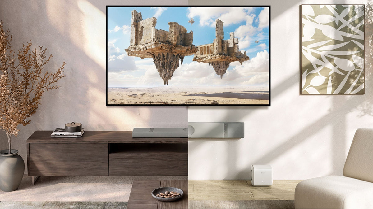 A cozy living room featuring a sofa, coffee table, TV, KEF XIO soundbar and a decorative painting on the wall.