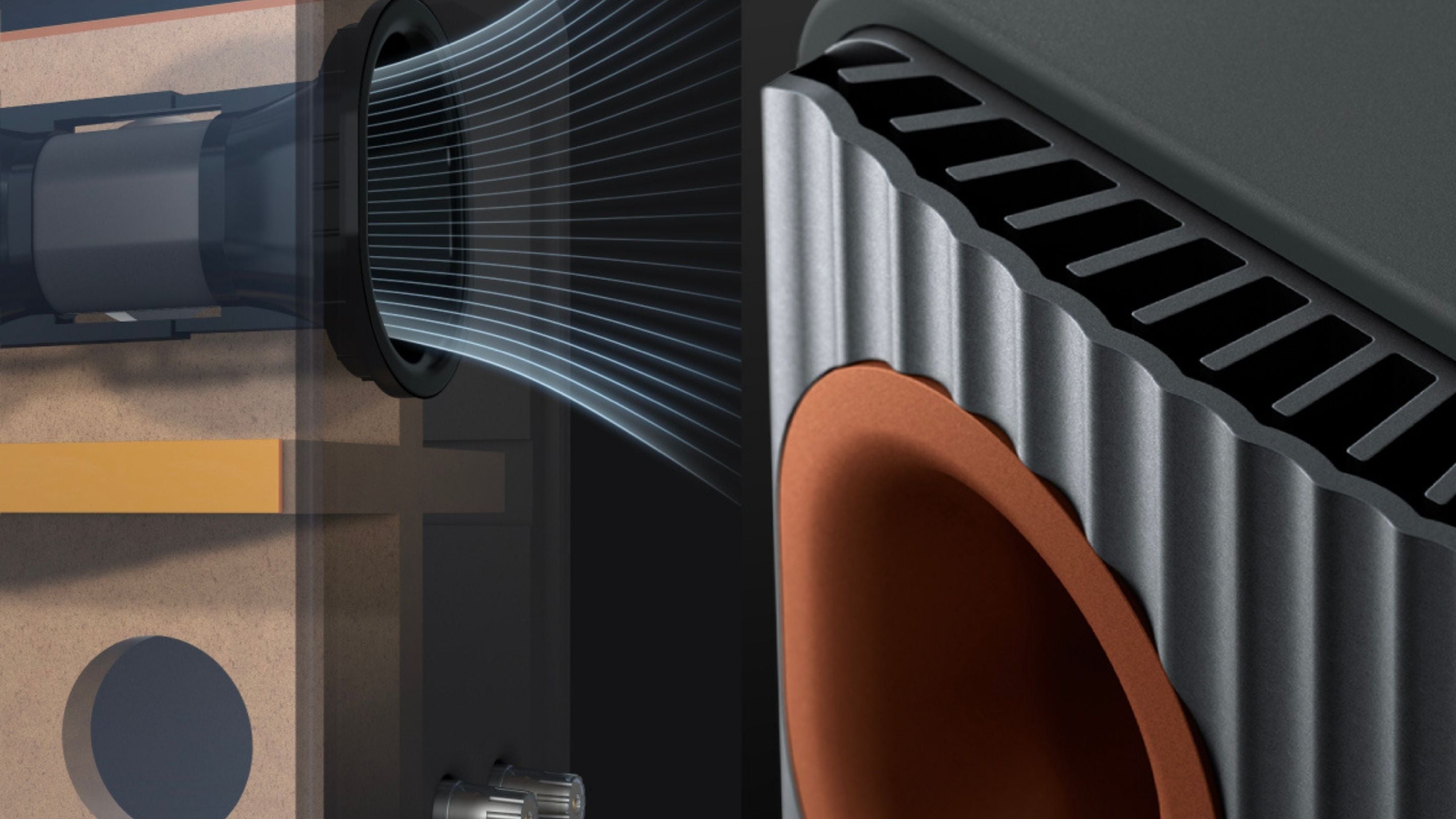 Close-up of a mechanical component with a focus on details of LS50 Meta speaker