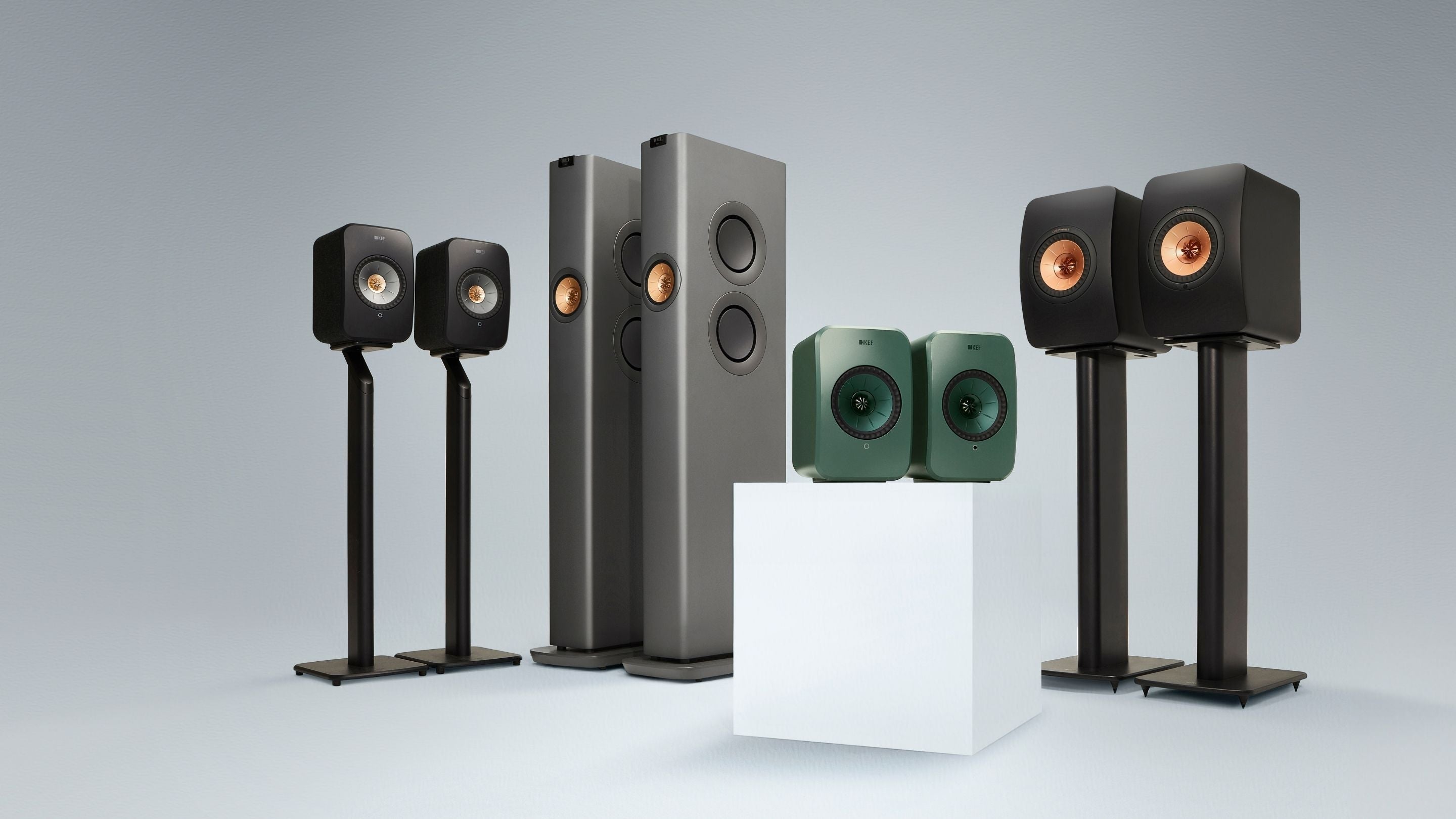 KEF LS Wireless Collection featuring four wireless products LSX II Wireless speaker, LS60 Floorstanding speaker, LSX II LT Bluetooth speaker & LS50 WII Bookshelf speaker